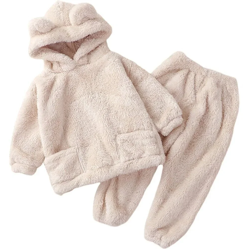 Girl Pants Sets Two Pieces Outfit Kids Bear Ear Fuzzy Fluffy Hoodie Sweatshirt w